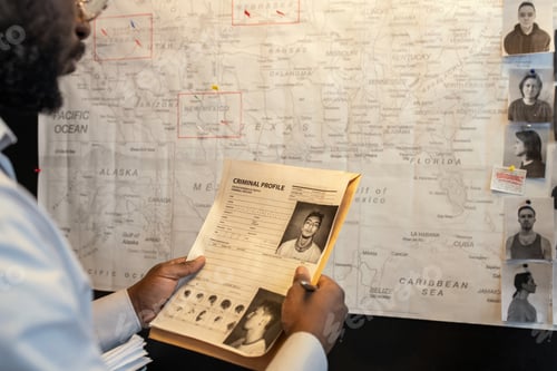 Preview: FBI agent looking through criminal profile of gang leader in front of map