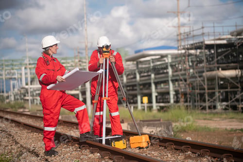 Preview: Surveyor engineers team wearing safety uniform and blueprint checking inspection by theodolite teles