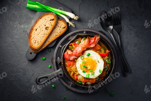 Preview: Letscho - tasty Hungarian vegetable stew with peppers, tomatoes and onions, served with fried egg