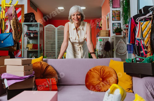 Preview: Senior woman selling clothes and accessories online.