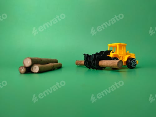 Preview: Excavator with wooden sticks on a green background - the concept of illegal logging