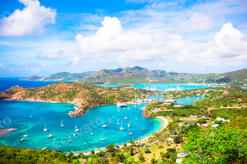 Preview: View of English Harbor from Shirley Heights, Antigua, paradise bay at tropical island in the