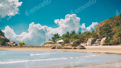 Preview: Canacona, Goa, India. Sunny Sky Over Calm Water Of Arabian Sea. Natural Landscape With Sandy Palolem