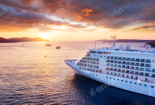 Preview: Croatia. Aerial view at the cruise ship during sunset. Adventure and travel.