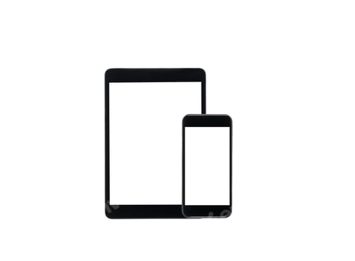 Preview: arranged digital tablet and smartphone with blank screens isolated on white
