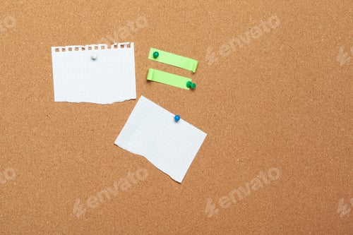 Preview: colorful sticky notes with pushpins and blank space, on cork background