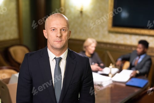 Preview: Mature bald lawyer or head of juridical company standing in front of camera