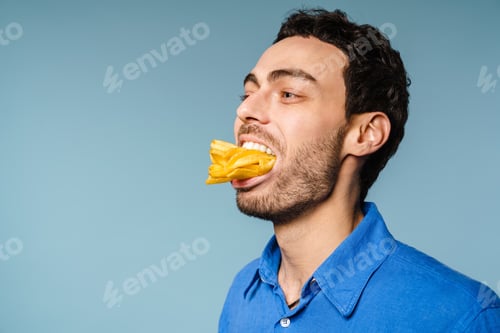 Preview: Happy handsome guy posing with french fries in his mouth