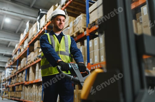 Preview: portrait of a smiling young warehouse worker working in a cash and carry wholesale store