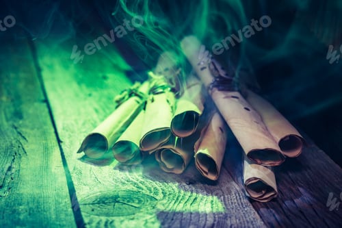 Preview: Witch workshop with green light and scrolls for Halloween