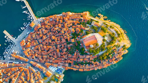 Preview: Rovinj, Croatia. Aerial view. Old historic buildings in the bay. Harbor with boats.