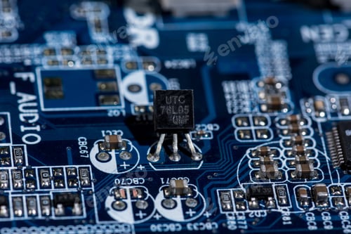 Preview: selective focus of various details of computer motherboard