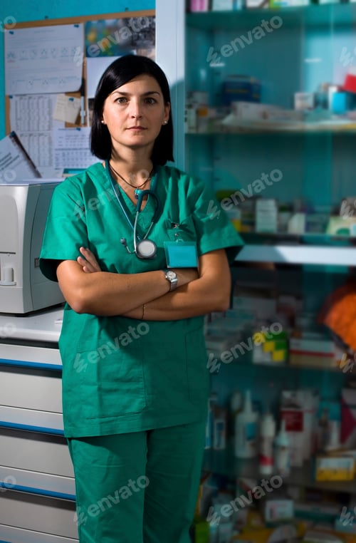 Preview: Confident healthcare professional standing in a pharmacy.