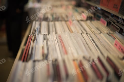Preview: Selective focus of vinyl records on shelf