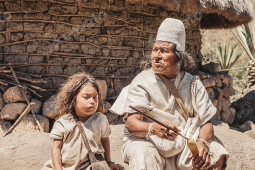 Preview: The grandfather and grandson of an indigenous family pose in front in their traditional costume