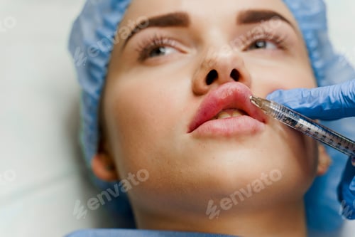 Preview: Close-up of lip filler for attractive girl. Surgeon injects in clinic. Cosmetic treatment.