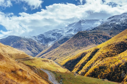 Preview: golden autumn landscape between the rocky mountains in Georgia. Stone road. Europe