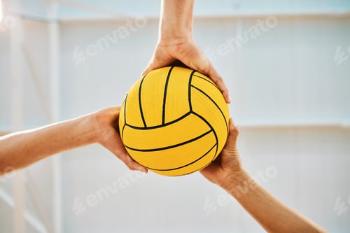 Preview: Hands, teamwork and water polo with sports people holding a ball in a gym for fitness or training f