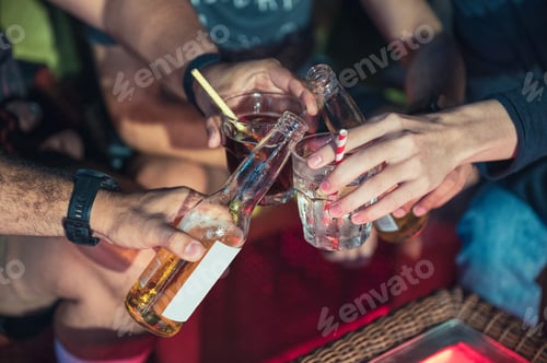 Preview: Group of friends enjoying with clinking a beer and cocktail