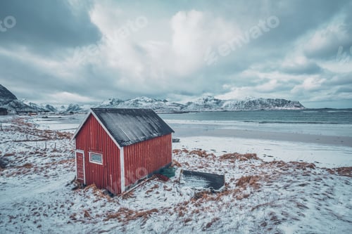 Vista previa: Red rorbu house shed on beach of fjord, Norway