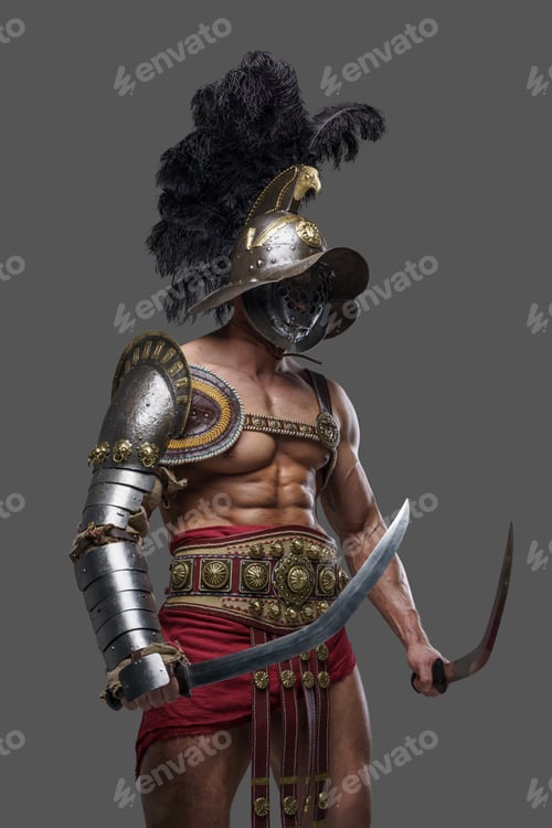 Preview: Combative roman gladiator with plumed helmet and two swords