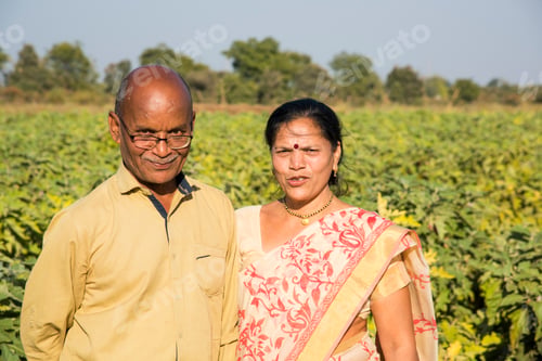 Preview: Happy Indian farmer couple at brinjal farm, enjoying nature.