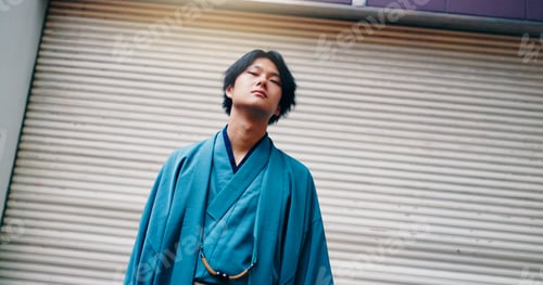 Preview: Portrait, kimono and fashion for man, city and confident with clothes, indigenous and building. Out