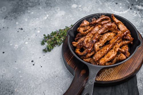 Preview: Delicious glazed teriyaki beef in a skillet. grey background. top view