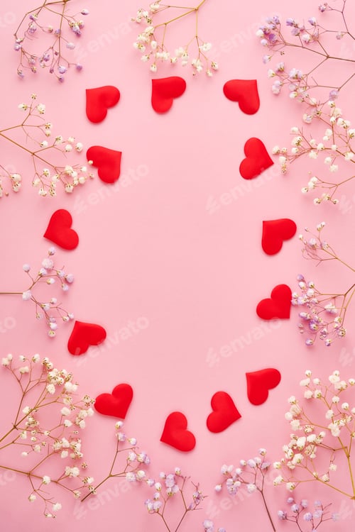Preview: Red hearts and flowers background, romantic concept, top view. Valentines Day greeting card concept.
