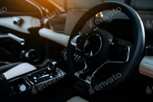 Preview: Monitor in EV car with isolated blank screen use for GPS. Isolated on white with clipping path.