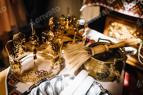 Preview: Wedding crowns in church ready for marriage ceremony. close up.