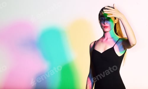 Preview: Light, beauty and fashion with woman and cover for creative, aesthetic or neon glow. Kaleidoscope,