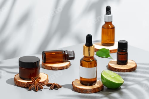 Preview: Fruit essential oil in glass bottle on gray background