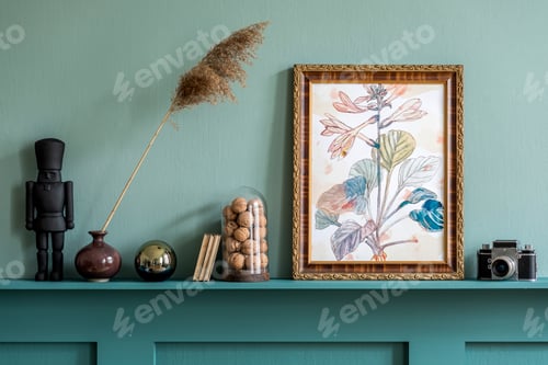 Preview: Stylish living room interior at apartment with mock up poster frame.