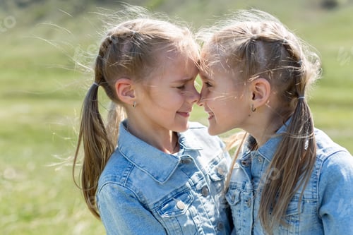 Preview: Portrait of two twin sisters who hug and look at each other