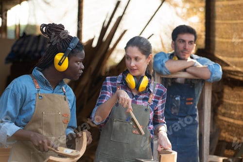 Preview: Carpenter and his assistant working together in a carpentry workshop