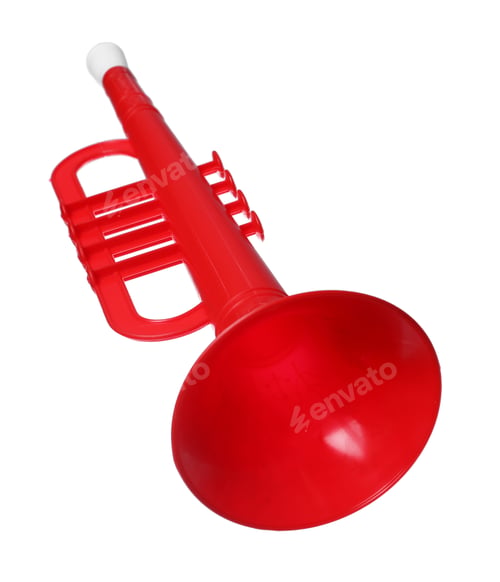 Preview: Red toy horn isolated on white. Child's musical instrument