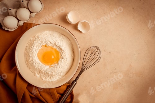 Preview: Food background, concept, plate with wheat flour, broken egg, whisk, kitchen towel, on a beige table