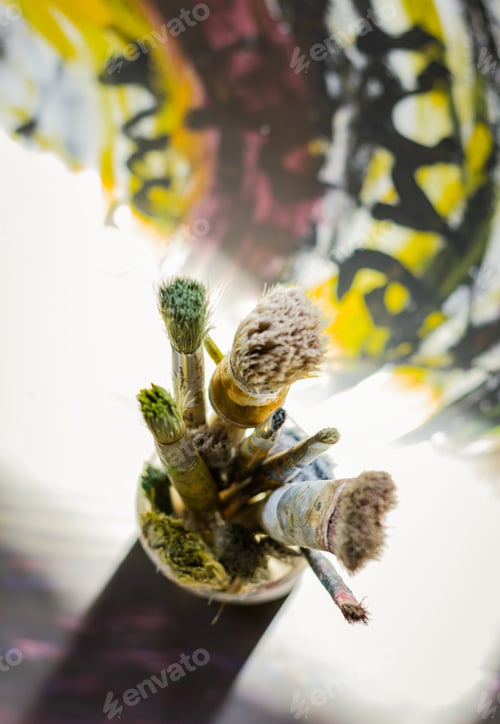 Preview: Set of paint brushes on oil painting