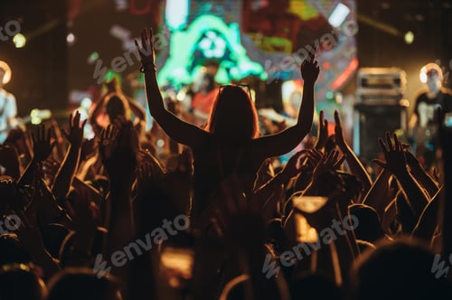 Preview: Silhouette of a woman with raised hands on a concert