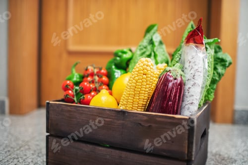 Preview: Food shopping box stand at the door of the house or apartment.