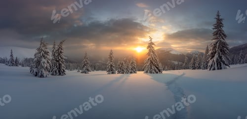 Preview: Fantastic winter landscape panorama in snowy mountains