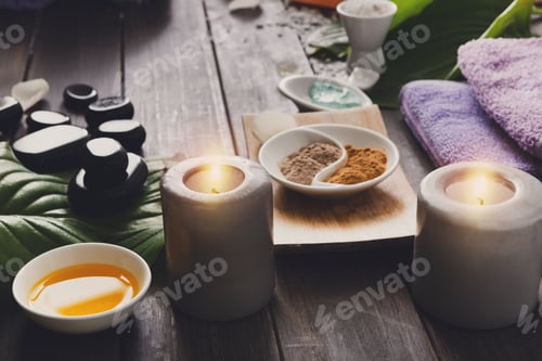 Preview: Spa treatment, aromatherapy background. Details and accessories