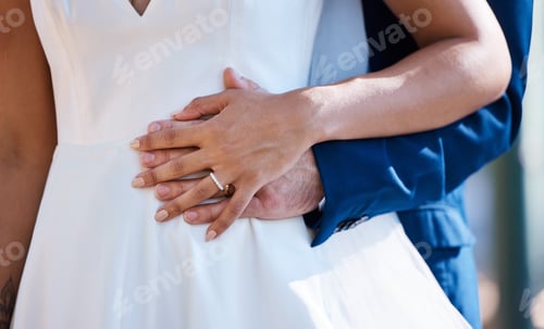 Preview: Hands, married and interracial wedding of couple for outdoor celebration of partnership, care and l