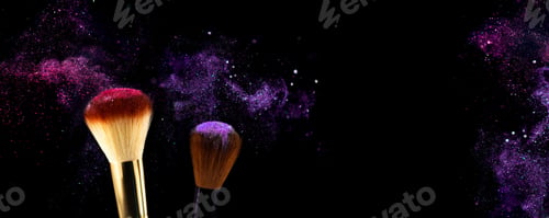 Preview: Cosmetics brushes and explosion pink purple makeup powder. Makeup brush with powder