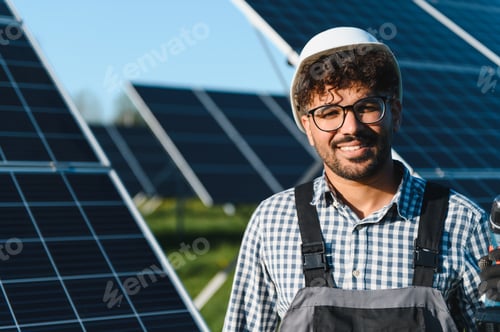 Preview: Smiling engineer installing solar panels in a power plant