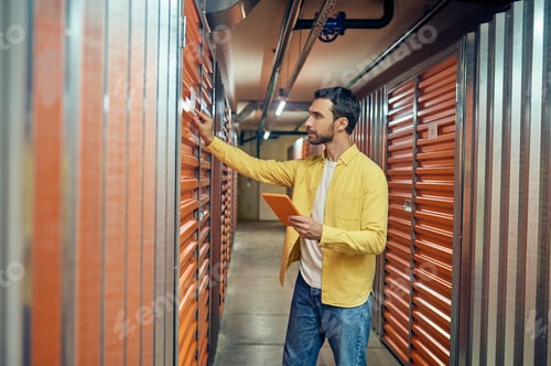 Preview: Man touching garage door in storage room