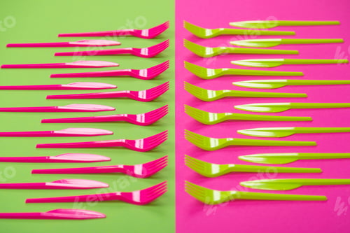 Preview: Colorful set of plastic table ware isolated on background