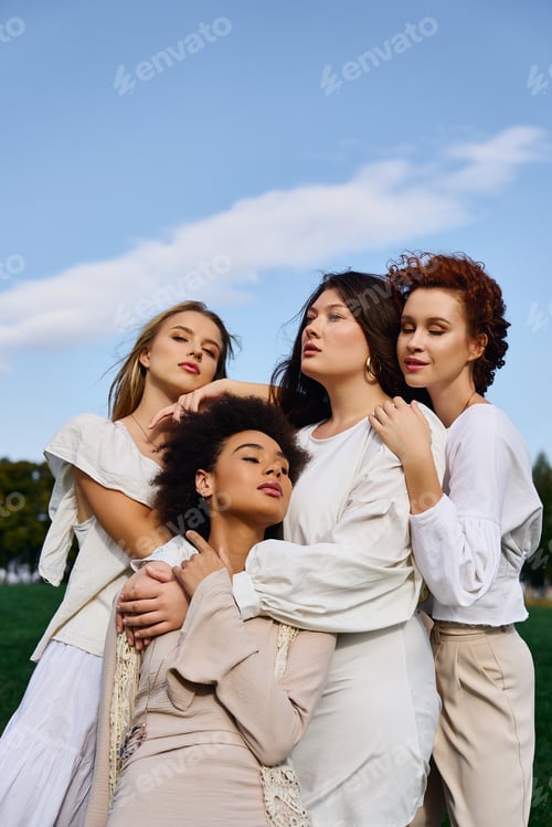 Preview: Fashionable women exuding confidence and style amidst vibrant outdoor spring scenery