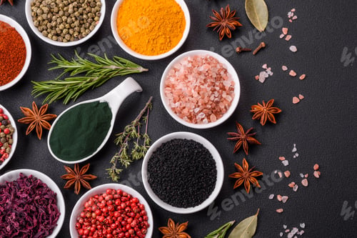 Preview: Composition consisting of a variation of several types of spices in white bowls